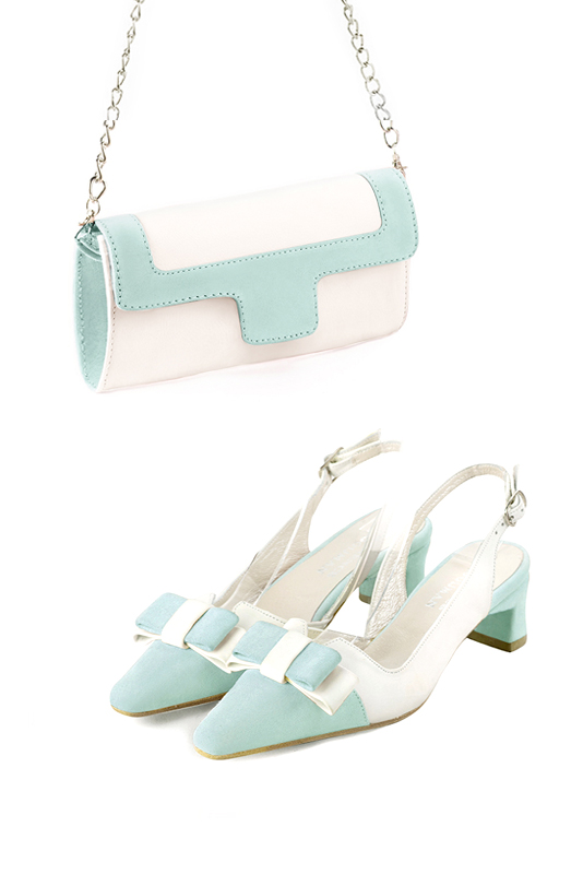 Off white and aquamarine blue women's dress clutch, for weddings, ceremonies, cocktails and parties. Worn view - Florence KOOIJMAN